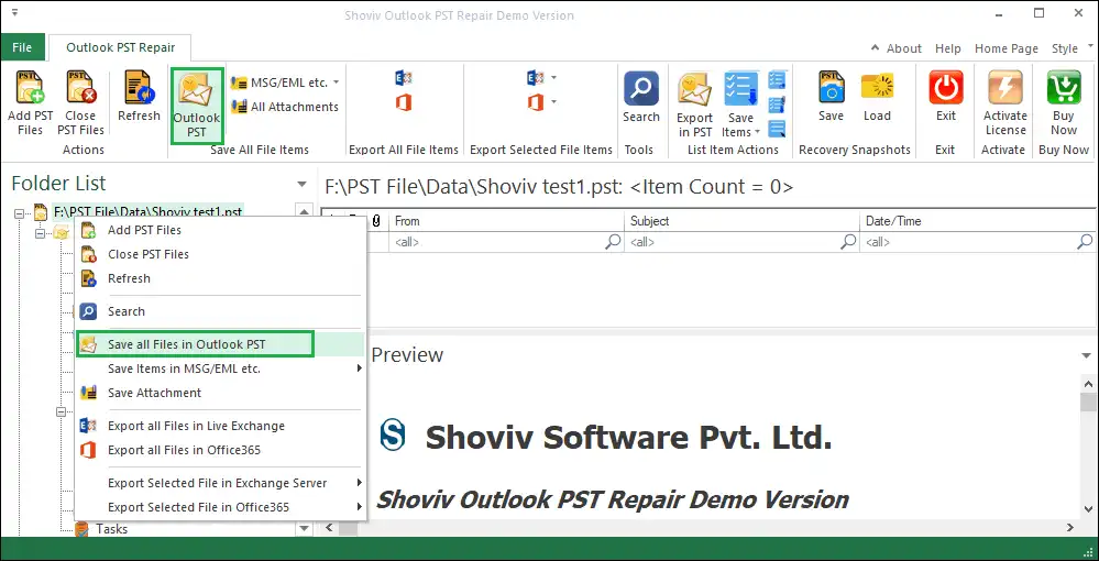 Now, choose the Outlook PST tab from the Ribbon Bar. 