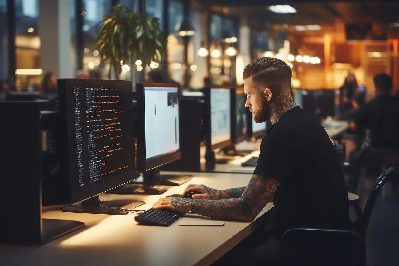 Python developer sitting on his desk for python help