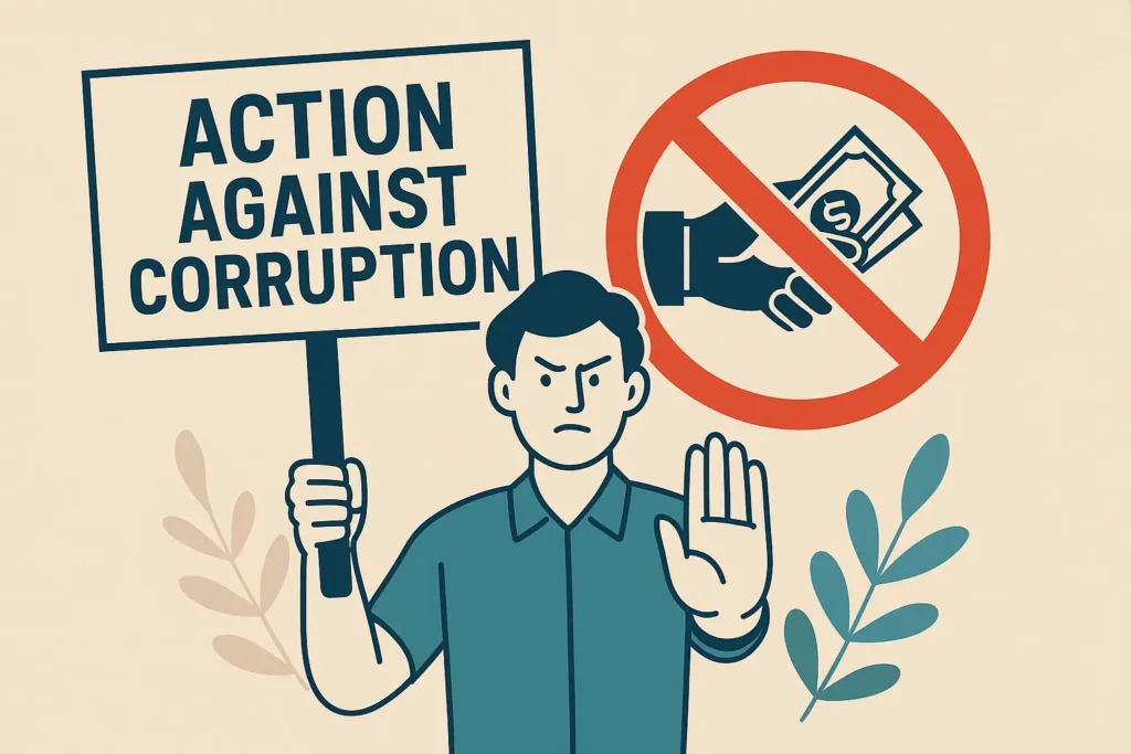 A digital illustration showing a person holding a sign that says "ACTION AGAINST CORRUPTION" with a crossed-out symbol over bribery money, representing anti-corruption awareness.