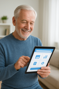 A friendly, smiling older adult using a tablet with a bright, clean user interface on the screen