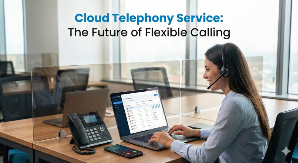 Using cloud phone service on laptop with headset in modern office.