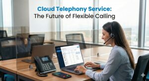 Using cloud phone service on laptop with headset in modern office.