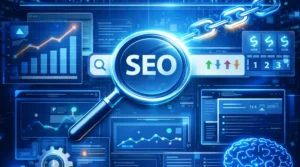 SEO services illustration showing technical SEO, backlinks, content strategy, and ranking growth dashboard