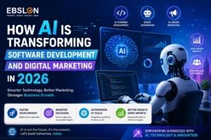 AI transforming software development in 2026 with AI-powered development, automation, digital marketing, data analytics, and business growth solutions.