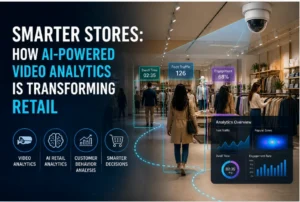 A modern retail store interior enhanced with AI-powered video analytics overlays, showing shoppers being tracked with data such as foot traffic, dwell time, and engagement rates.