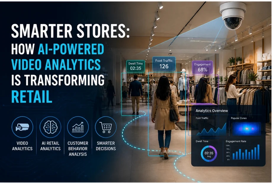 A modern retail store interior enhanced with AI-powered video analytics overlays, showing shoppers being tracked with data such as foot traffic, dwell time, and engagement rates.