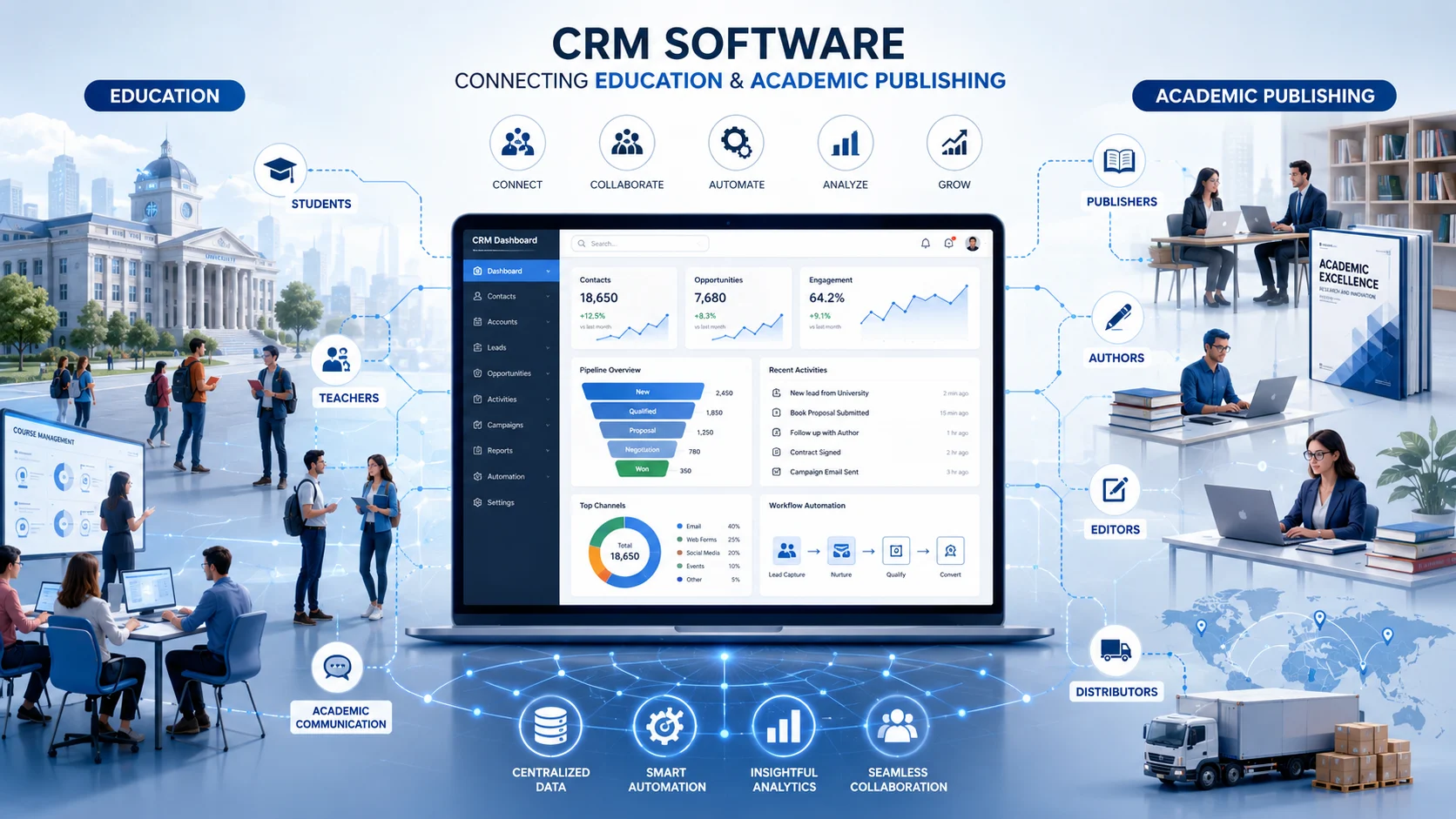 Academic CRM software dashboard used by book publishers to manage authors and institutions