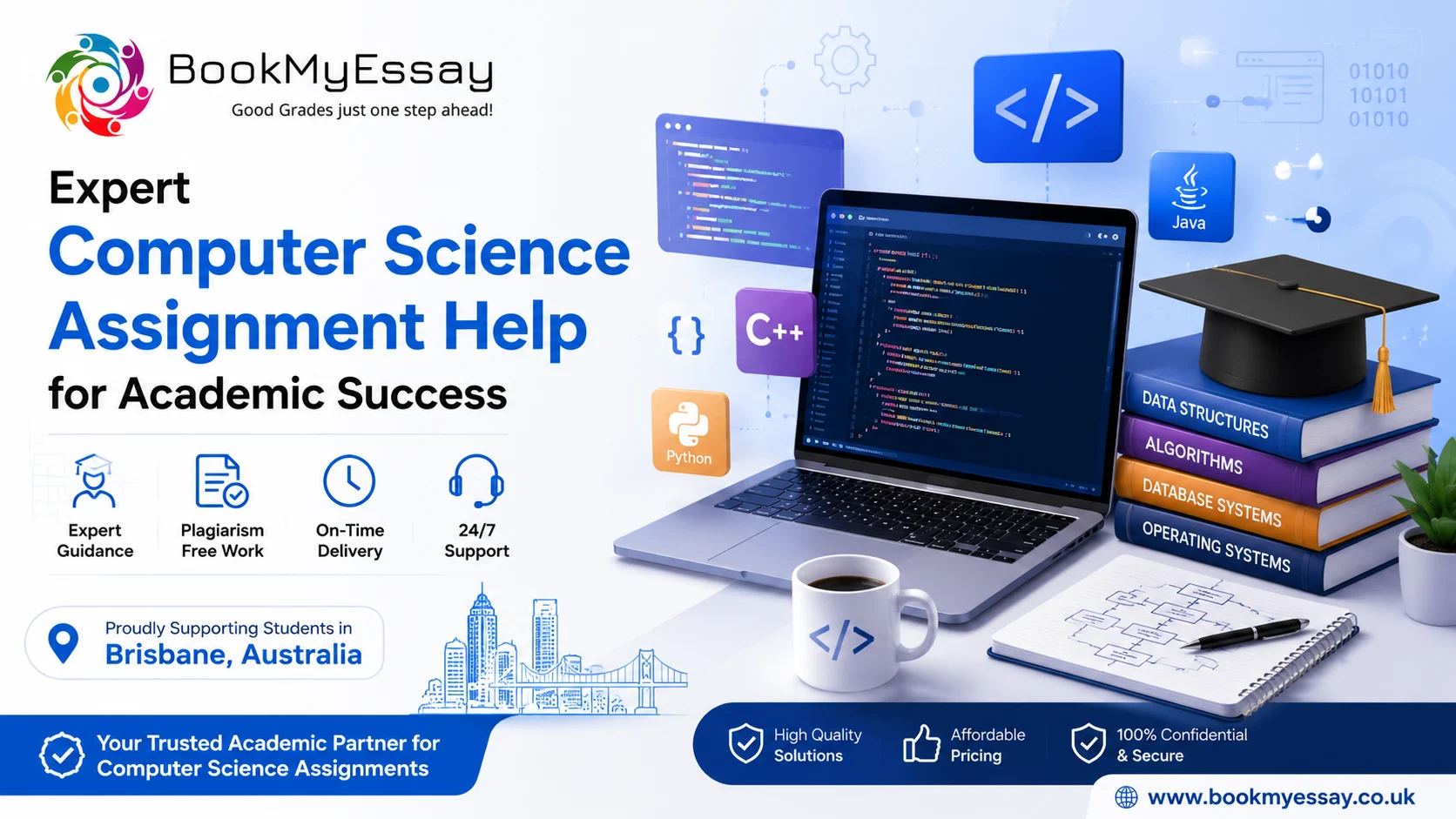 Computer Science Assignment Help banner with coding laptop and BookMyEssay branding.
