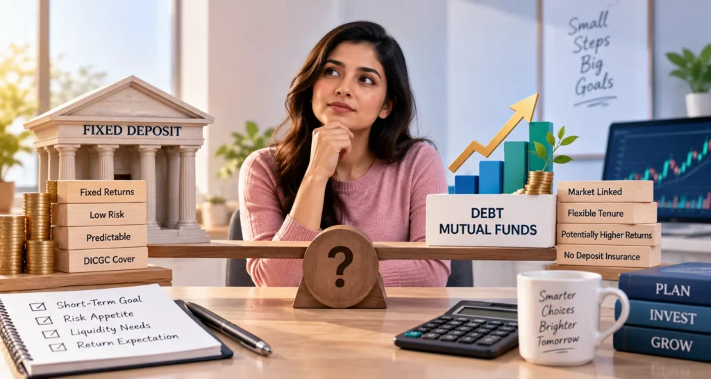 Illustration comparing fixed deposits and debt mutual funds based on returns, risk, liquidity, and investment structure.