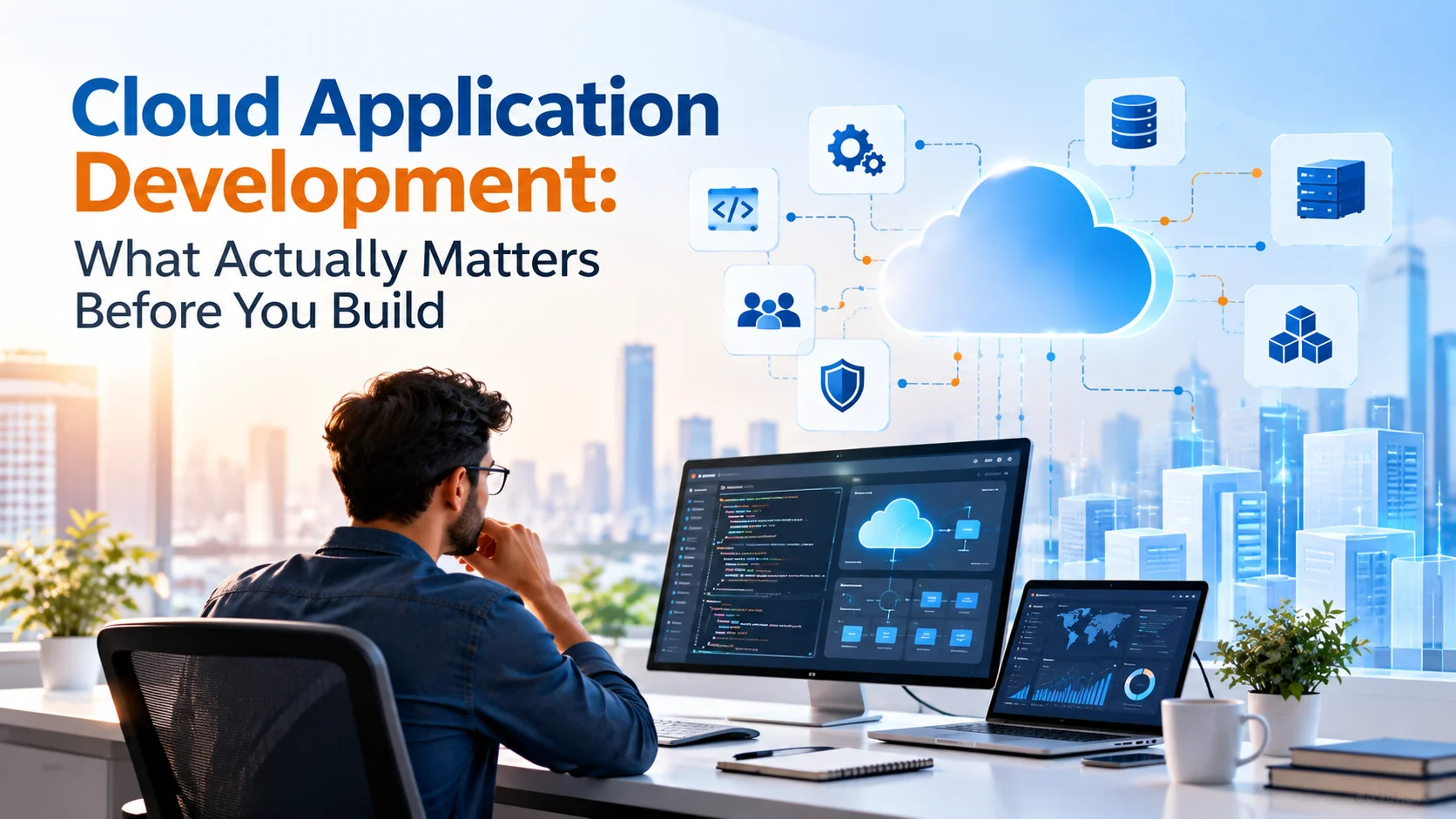 Cloud application development banner showing a cloud with code, container and security icons
