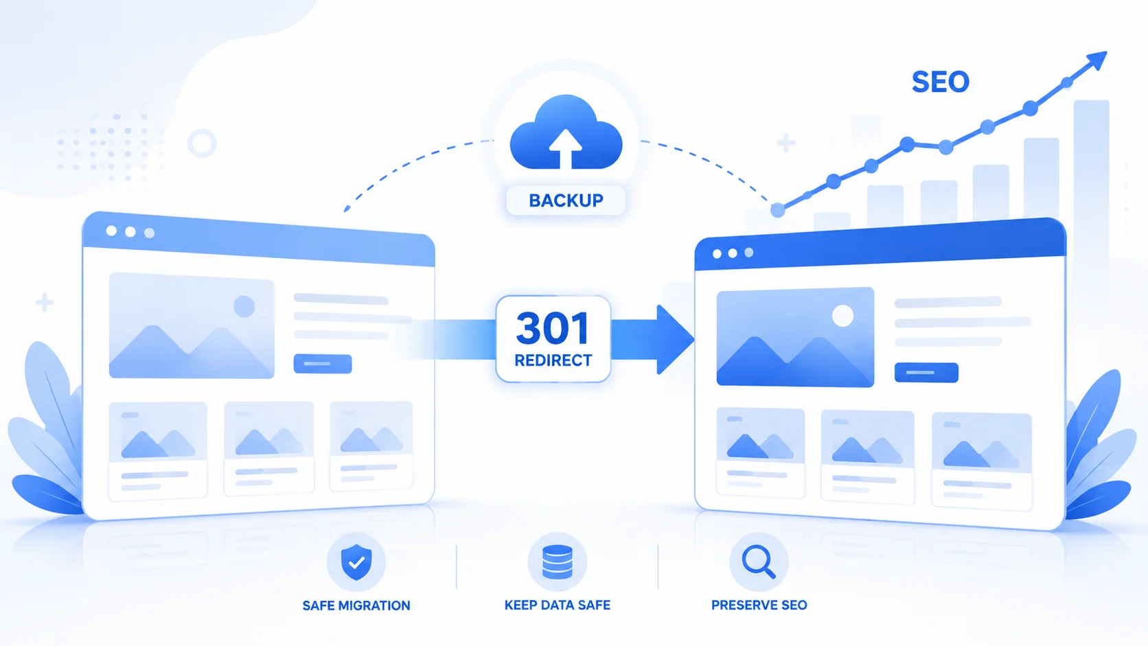 Illustration of a website being migrated between platforms with backup, 301 redirect, and rising SEO ranking icons